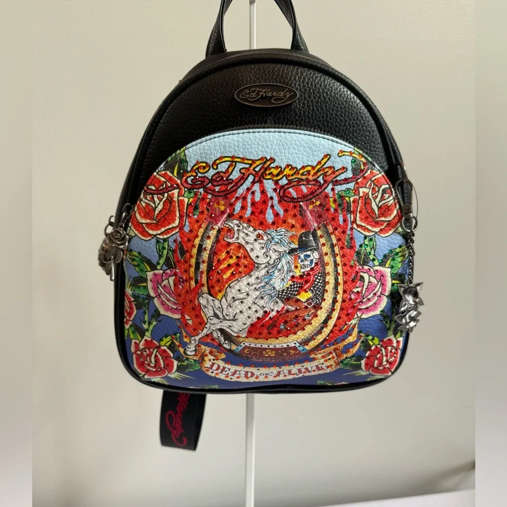 Ed Hardy Black Mini Backpack with Multicolor Graphic Roses - Picture 11 of 11
